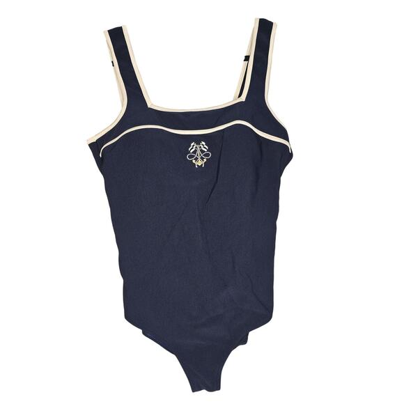 VTG Swimsuit Womens XL Sailor Navy Blue One Piece Full Coverage Built-In Bra 90s - Picture 1 of 12